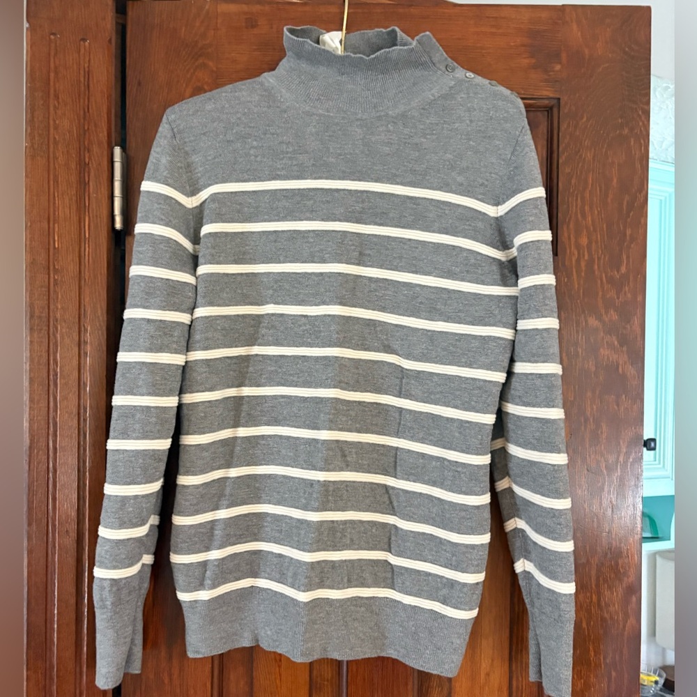 Banana Republic Gray and Cream Striped Turtleneck Sweater with Shoulder Buttons